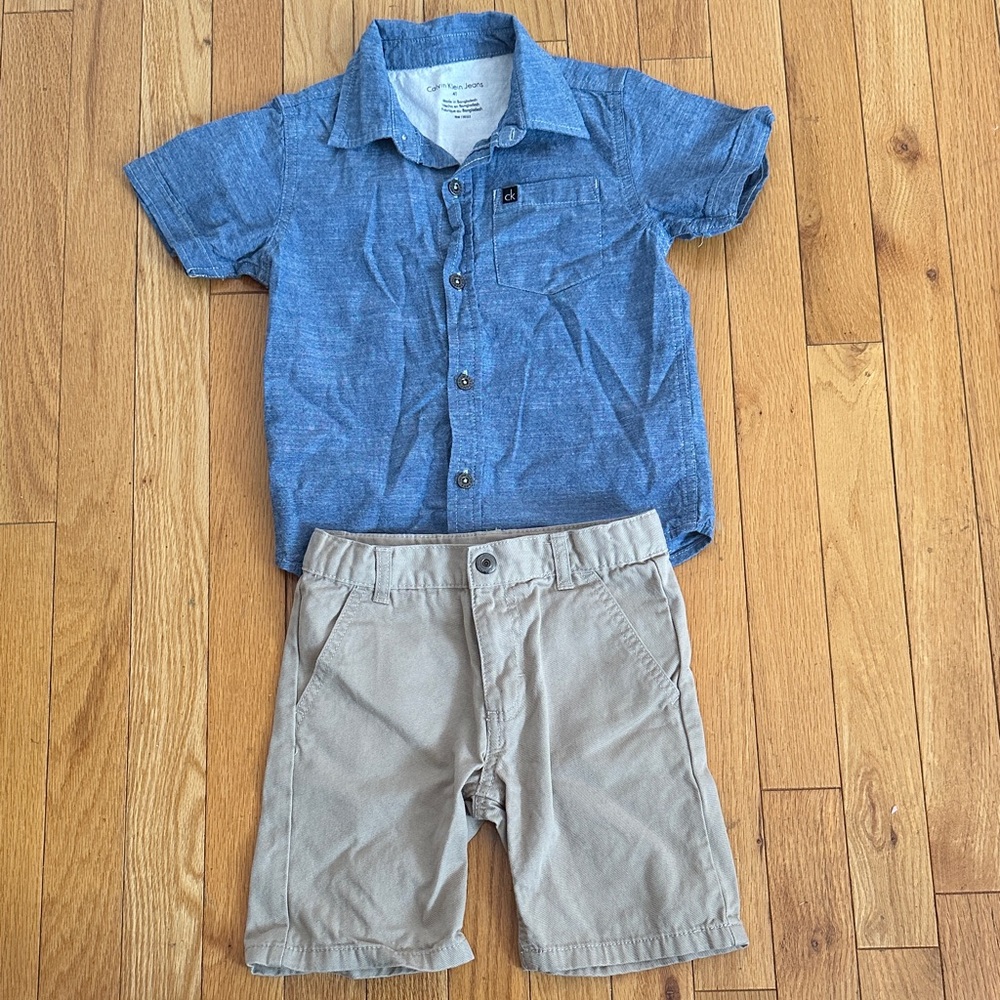 Calvin Klein Kids Short-Sleeve Button Shirt with Tan Shorts